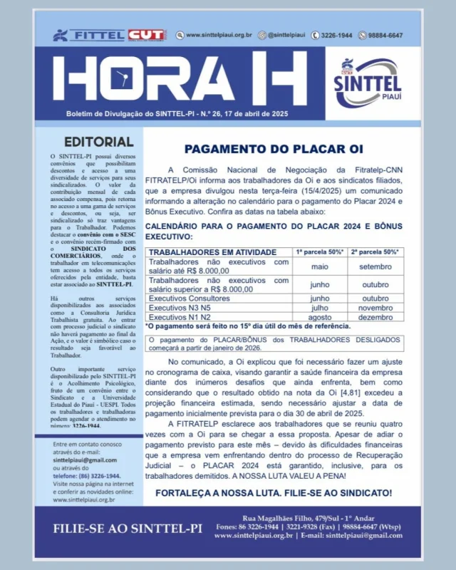 Hora H -26 - Abril 25
PAGAMENTO DO PLACAR OI