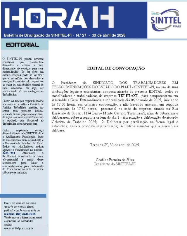 Hora H 27 - Abril 25
Edital de Convocação
TELETÁXI